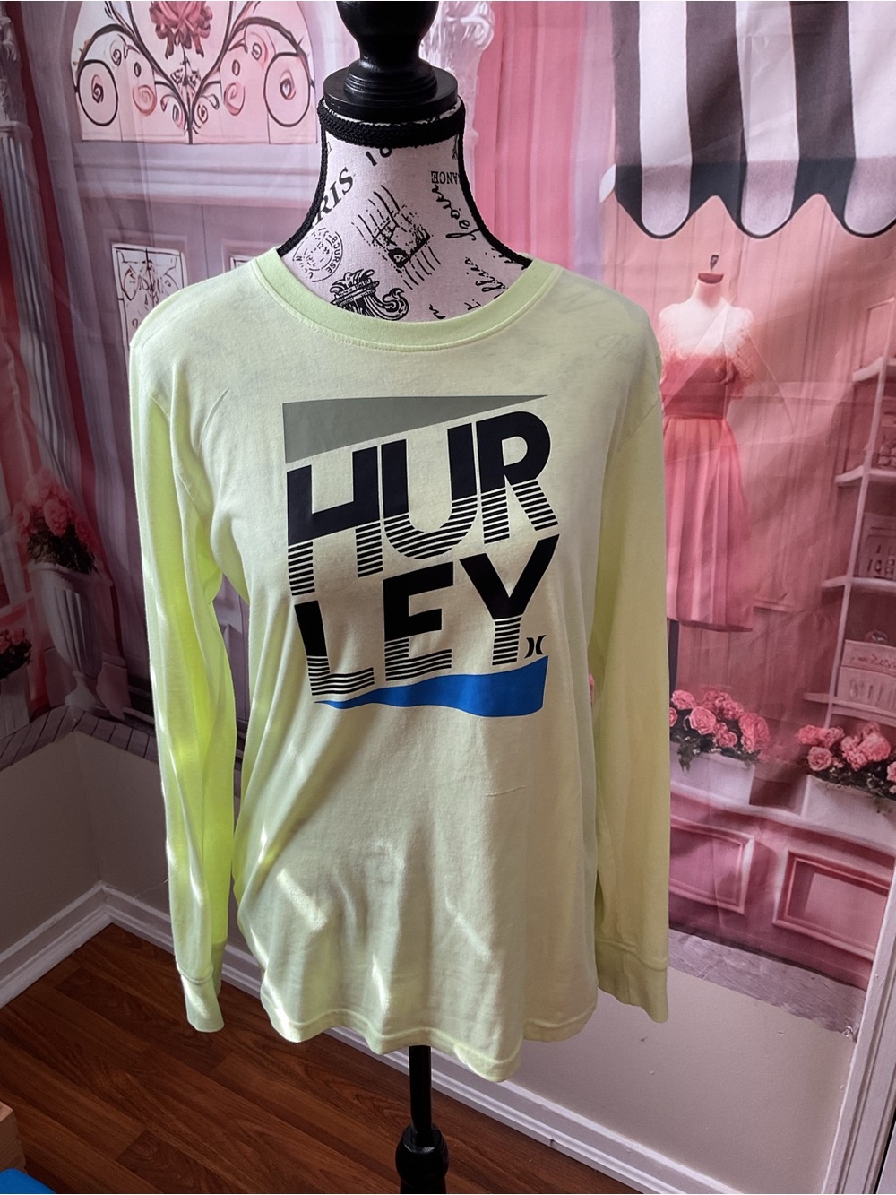 Hurley Neon Yellow Long Sleeve Logo Tee with Blue Accent